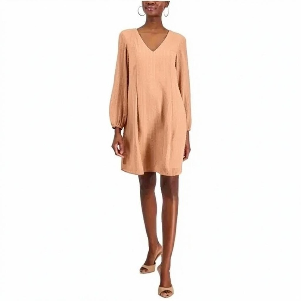 INC Hazel Wood Textured Shift Dress V‑Neck Tie‑Back Long Sleeve – Size M